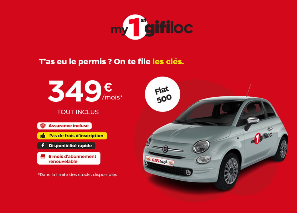 MyFirst Gifiloc - Offre jeunes conducteurs (18 - 25 ans) 290 € euros par mois tout inclus pour la Fiat 500 avec assurance