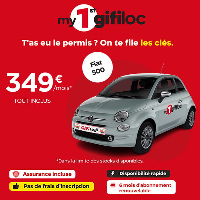 MyFirst Gifiloc - Offre jeunes conducteurs (18 - 25 ans) 290 € euros par mois tout inclus pour la Fiat 500 avec assurance